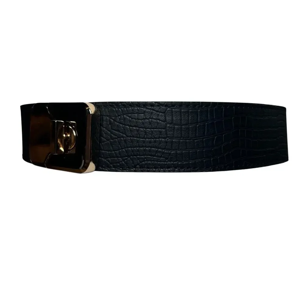 Vintage 90s Sz Small Gold Twist Lock Buckle Stretch Belt Black Faux Leather